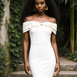 Modelo Leyda.Vestido Bandage Midi Off Shoulder con Lazo Bordado y Pedrería – Elegancia de Fiesta