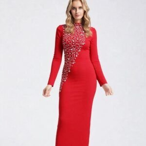 Modelo Flavia.-Vestido Bandage Midi con Pedrería – Disponible en Rojo y Negro