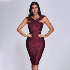 Modelo Suna.Vestido Bandage Midi Burdeos con Escote Cruzado y Efecto Moldeador – Elegante y Sofisticado