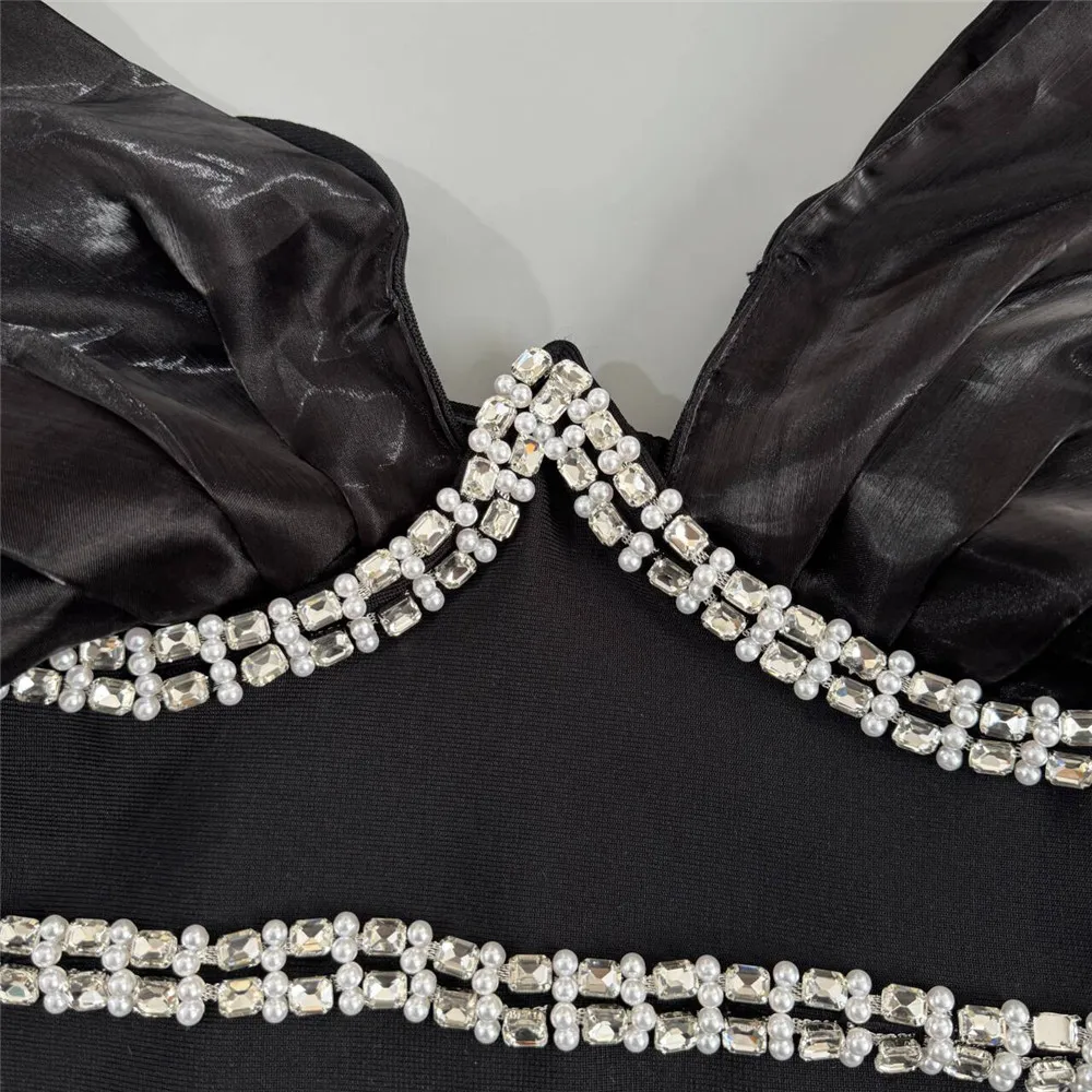 Modelo Aluna.-Vestido Bandage Negro Largo con Brillo | Elegante y de Gala - Imagen 5