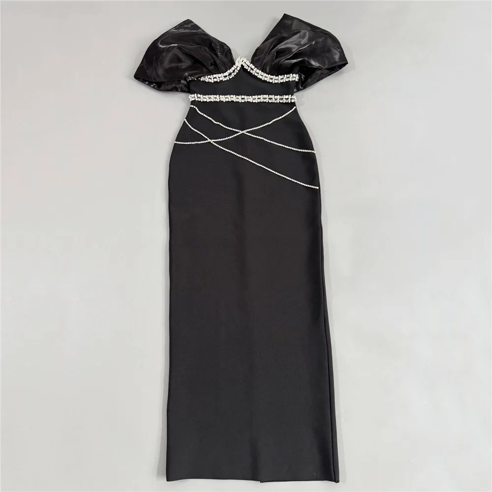 Modelo Aluna.-Vestido Bandage Negro Largo con Brillo | Elegante y de Gala - Imagen 2