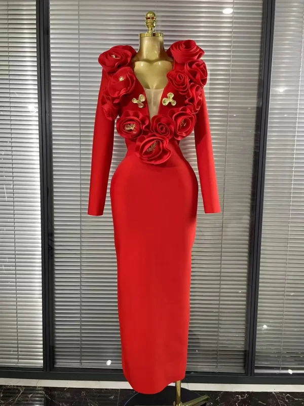 Modelo Chelsea-Vestido rojo largo de noche con flores 3D y escote profundo - Imagen 4