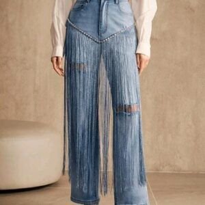 Modelo Bubank- Jean Wide Leg de Tiro Alto con Flecos Frontales