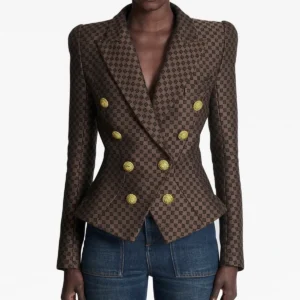 Modelo Emil.-Blazer Estructurada Marrón con Botones Dorados para Mujer