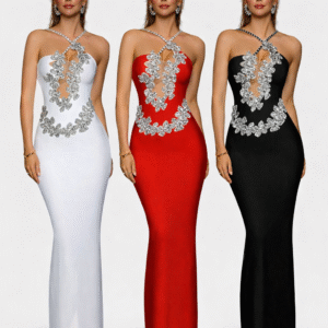 Modelo Lites.Vestido Largo Halter con Pedrería Transparente – Blanco, Rojo y Negro